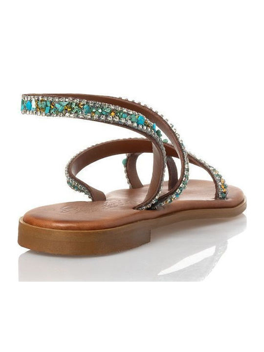 Leather Women's Flat Sandals in Turquoise Color