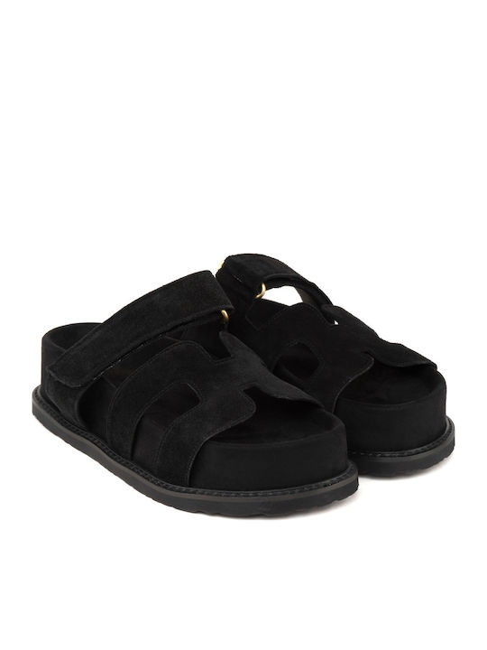 Δερμάτινα Γυναικεία Ανατομικά Σανδάλια Flatforms Μαύρα