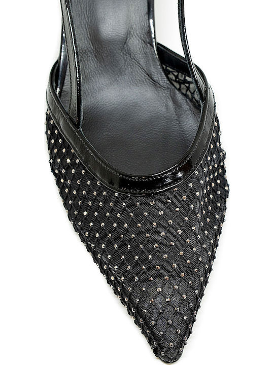 Leather Pointed Toe Black Medium Heels with Strap