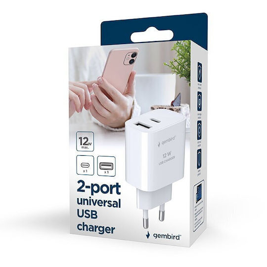 Gembird Charger Without Cable with USB-A Port and USB-C Port 12W Power Delivery Whites (TA-UC-2AC12-01)