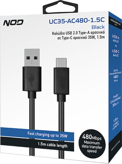 NOD Редовна USB 2.0 Кабел USB-C мъжки - USB-A мъжки 35W Черен 1.5м