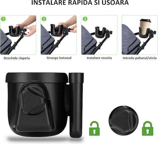 Fiziotab Universal Cup Holder Bottle Phone Stroller Bicycle 2 In 1 360° Grip Durable Stable Black