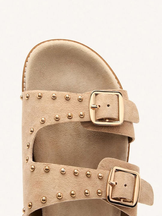 Leather Women's Flat Sandals in Beige Color