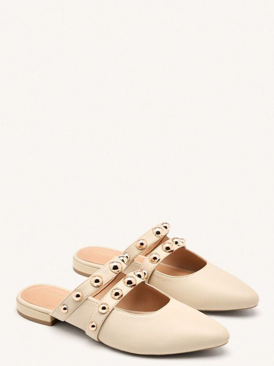 Flat Δερμάτινα Mules σε Μπεζ Χρώμα