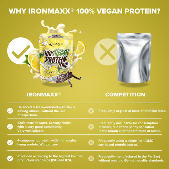 IronMaxx 100% Vegan Protein Zero Χωρίς Λακτόζη με Γεύση Buttermilk Lemon 500gr