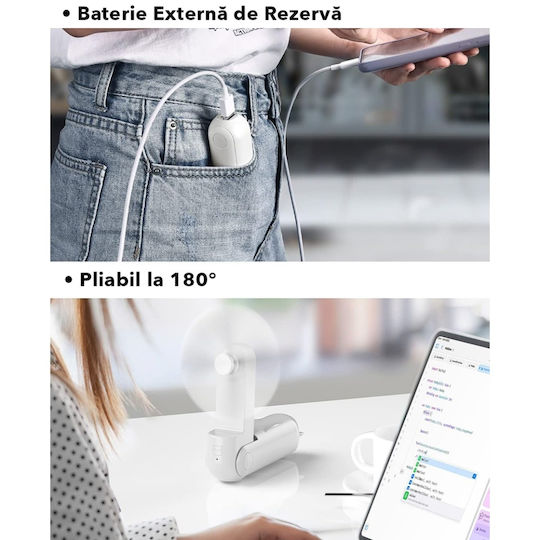 Ultra Portabil 3 În 1 Ventilator De Mână Birou Gât 3 Niveluri De Viteză Pliabil Baterie Portabilă 2000mah Autonomie 20h Skdr Airmini Alb