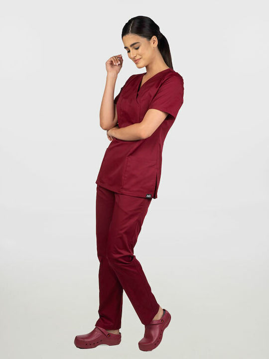 Women's V-Neck Work Shirt Mixed Gabardine Cassandra-2033.17 Burgundy