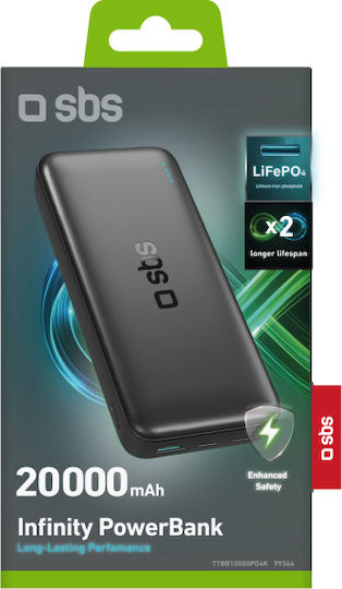 SBS Power Bank 20000mAh 10W με Θύρα USB-A και 2 Θύρες USB-C Μαύρο