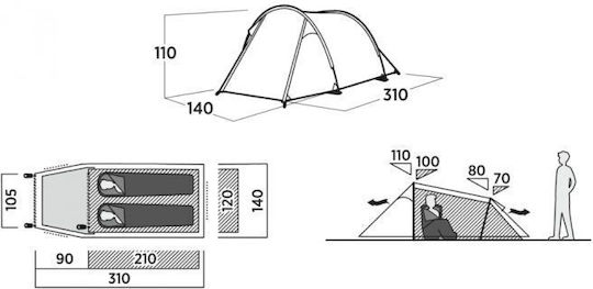 Easy Camp Summer Camping Tunnel Tent Khaki with Double Cloth for 2 People 310x140x110cm