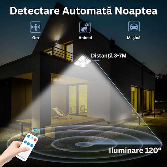 Lampă Solară Cu Panou Solar Încorporat 220 Leduri Smd Telecomandă Lumină Crepusculară Senzori De Mișcare Braț De Montare Ip65 Rezistent La Apă 3 Moduri De Funcționare Kit De Instalare Inclus Negru