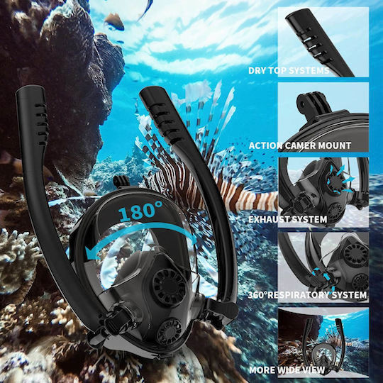 HJKB Mască De Scufundare Snake Cu Snorkel Față Întreagă 180° Mască De Scufundare Din Silicon Față Întreagă Neagră