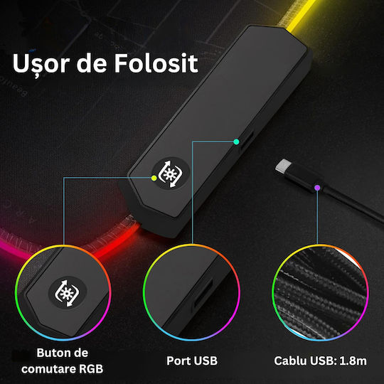 Padea Pentru Mouse Gaming Design Hartă Mondială XXL (800mm) Cu Iluminare RGB Prin USB Neagră ED272