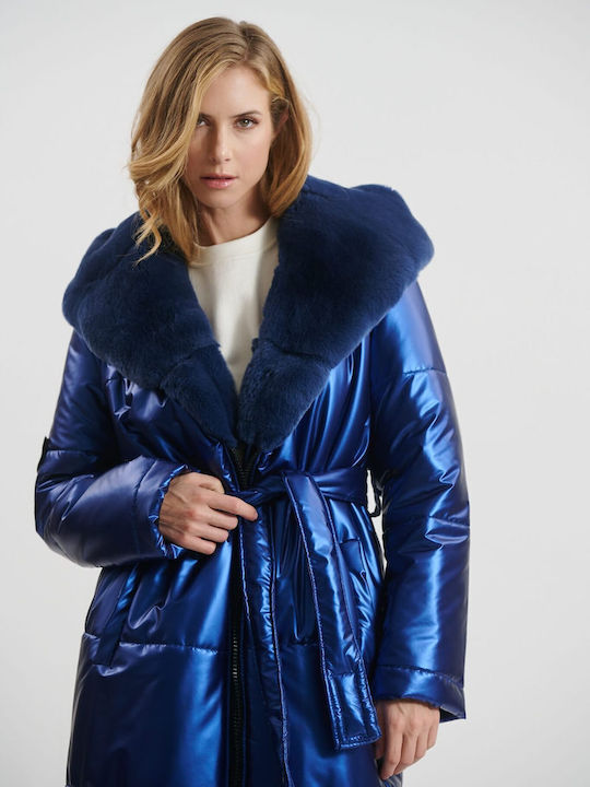 Damen Blau Trenchcoat mit Kapuze & Fellbesatz