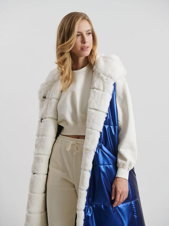 Damen Blau Kurzmantel mit Kapuze & Fellbesatz