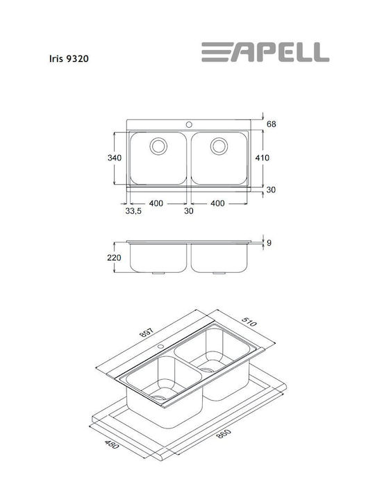 Apell Drop-In Sink Inox Satin with Faucet W89.7xD51cm Silver