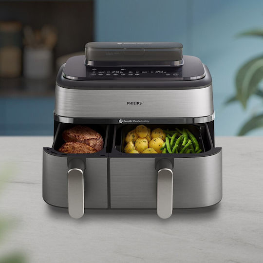 Philips Air Fryer με Διπλό Αποσπώμενο Κάδο 9lt Ασημί NA555/00