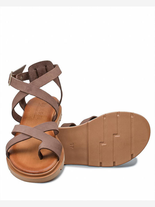 Leather Women's Flat Sandals in Brown Color