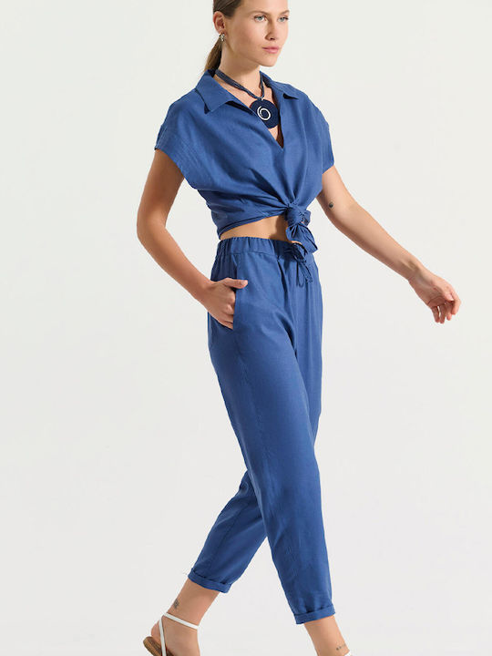 Women's Linen Trousers with Elastic Loose Fit Blue