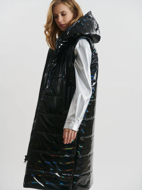 Lang Damen Ärmellos Puffer Jacke Wasserdicht und Winddicht für Winter Schwarz