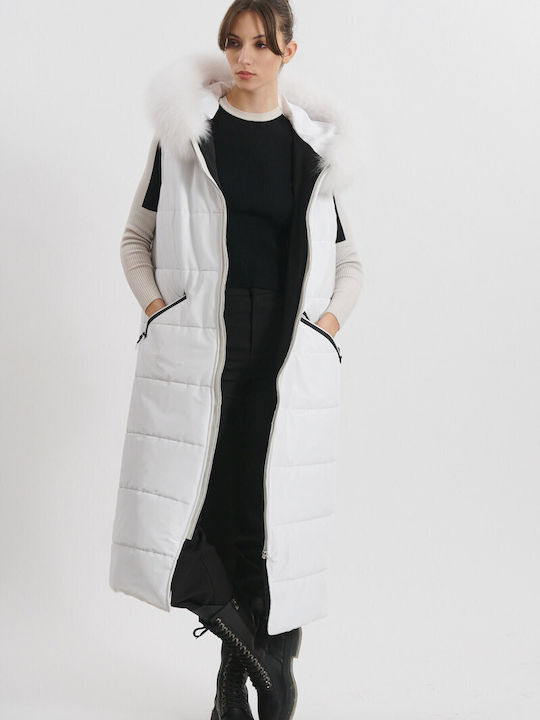 Lang Damen Ärmellos Puffer Jacke Wasserdicht und Winddicht mit pelziger Kapuze für Winter Weiß