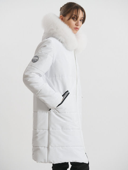 Lang Damen Puffer Jacke Wasserdicht und Winddicht mit pelziger Kapuze für Winter Weiß