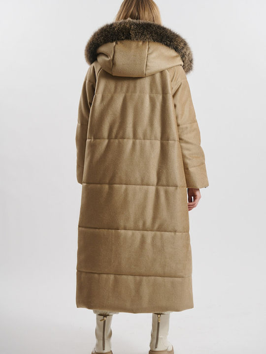 Women's Long Lifestyle Jacket for Winter with Detachable Hood Brown