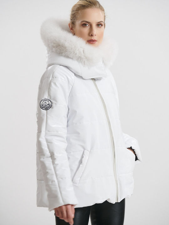 Women's Puffer Jacket Waterproof and Windproof for Winter with Detachable Hood White