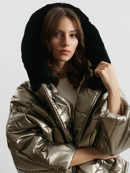 Women's Puffer Jacket Waterproof and Windproof for Winter with Hood Khaki