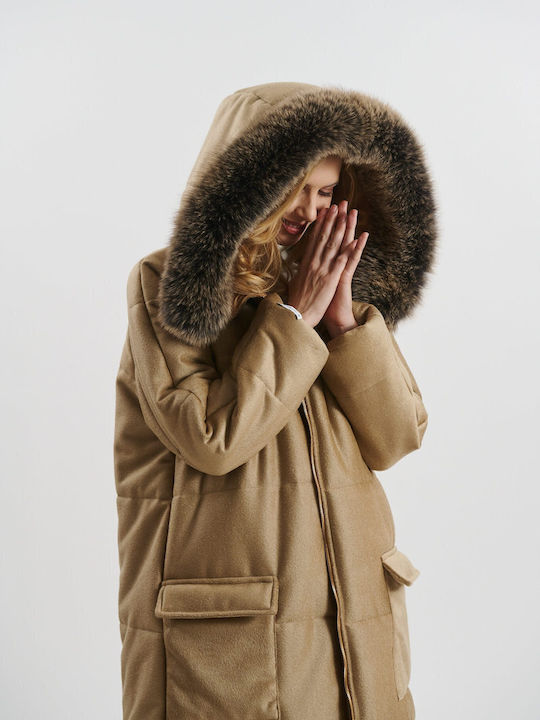 Women's Long Lifestyle Jacket for Winter with Detachable Hood Brown