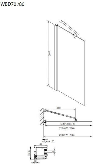 Stabiles Panel Für Badewanne 80 cm Diagonaler Arm Befestigung Klarglas 6 mm Höhe 140 cm Axis Wbx80t-100