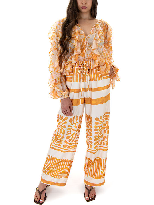 Women's Floral Long Sleeve Shirt Ecru-orange