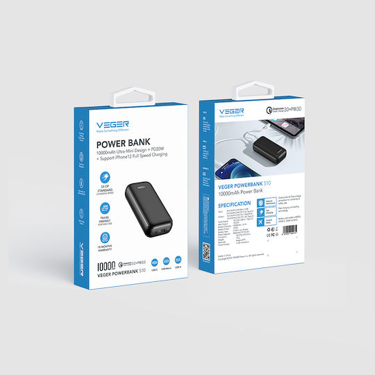 Veger S10 Power Bank 10000mAh 20W with USB-A Port and USB-C Port Power Delivery / Quick Charge 3.0 Black