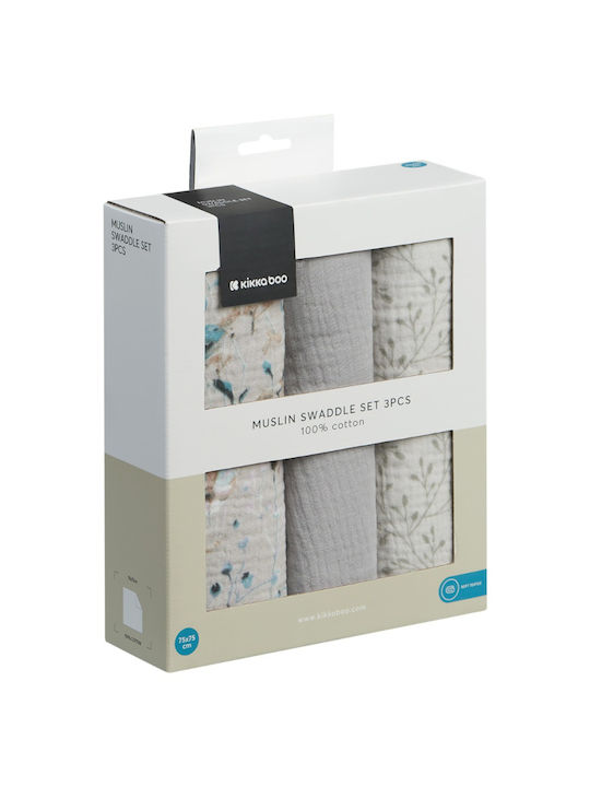Kikka Boo Dreamy Fields Muslin Swaddle Wraps Grey Gray 75x75cm. 3pcs