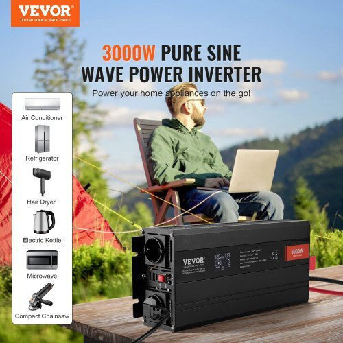 Vevor Car Inverter Pure Sinewave 3000W to Converter 12V DC in 230V AC