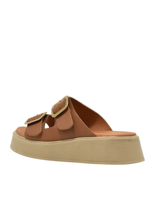 Leather Women's Flatform Sandals Tabac Brown