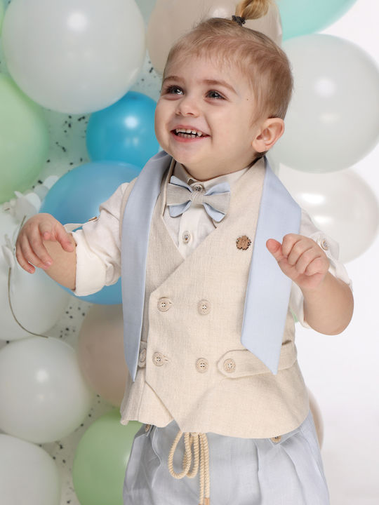 Mi Chiamo Boys Linen Baptism Suit with Vest Ecru