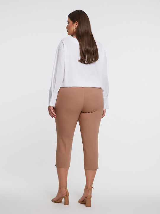 Basic Women's Fabric Capri Trousers with Elastic Beige