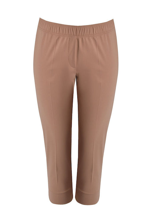 Basic Women's Fabric Capri Trousers with Elastic Beige