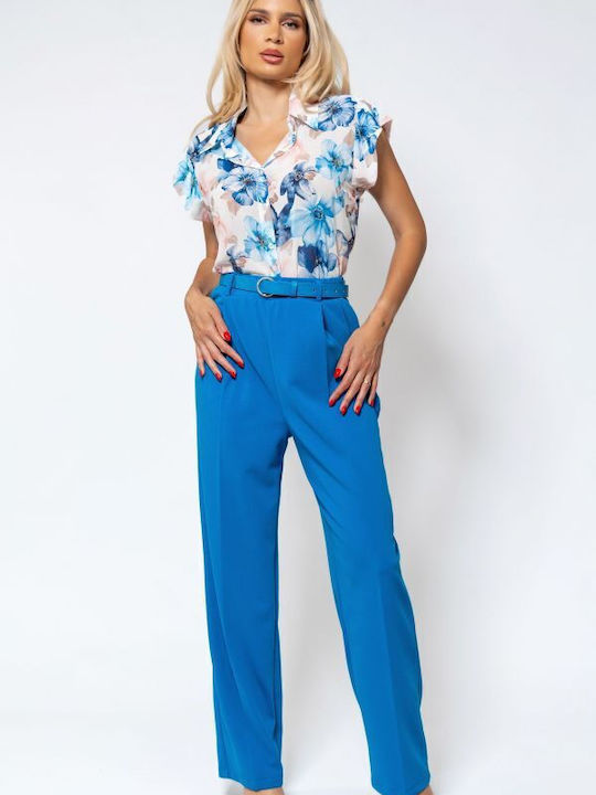 Women's High-waisted Fabric Trousers Straight Line Light Blue
