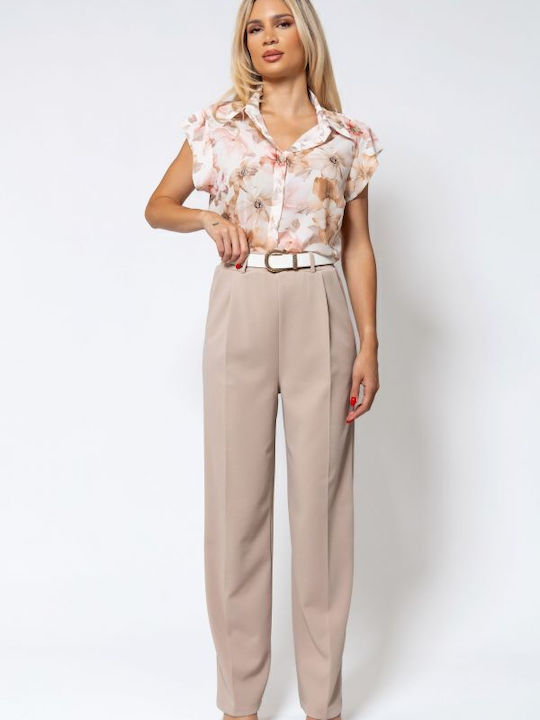 Women's High-waisted Fabric Trousers Straight Line Beige