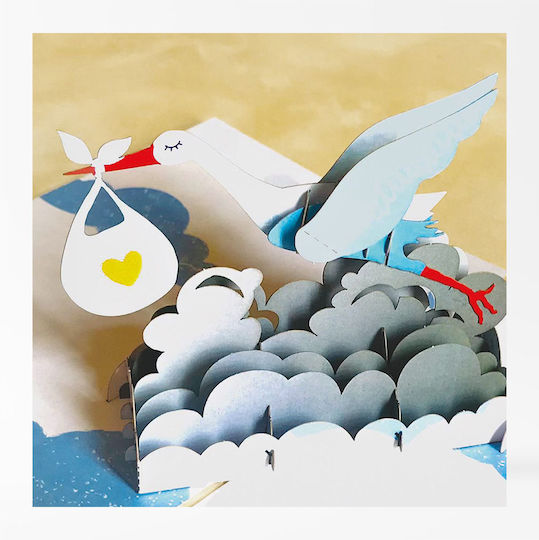 Ευχετήρια Κάρτα Origami Γέννησης New Baby Γαλάζιο Πελαργό 22or13