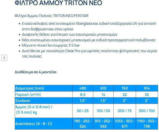 Pentair Пясъчен филтър за басейн с воден поток 14м³/ч и диаметър 610см.