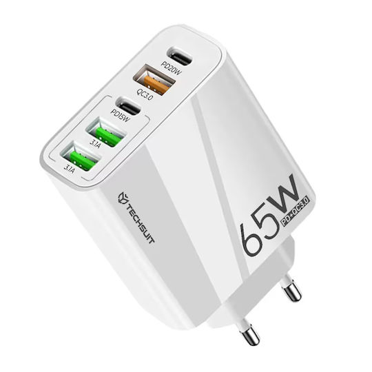Techsuit Charger Without Cable with 3 USB-A Ports and 2 USB-C Ports 20W Power Delivery / Quick Charge 3.0 Whites (CHC2)