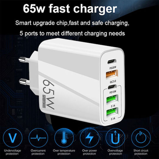 Techsuit Charger Without Cable with 3 USB-A Ports and 2 USB-C Ports 20W Power Delivery / Quick Charge 3.0 Whites (CHC2)