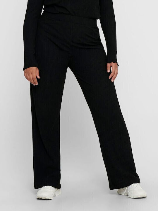 Curvy Damen Stoff Hose Schlag mit Gummizug in Lockere Passform Schwarz