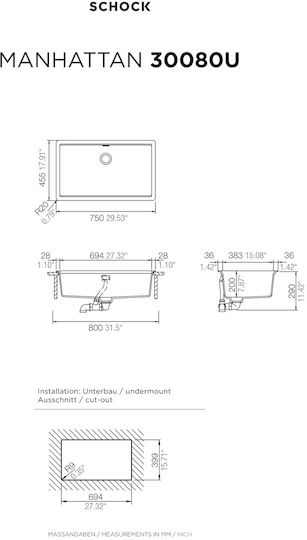 Schock Manhattan 30080 U Drop-In Мивка от Синтетичен Гранит Ш75xД45.6см Everest Cristalite