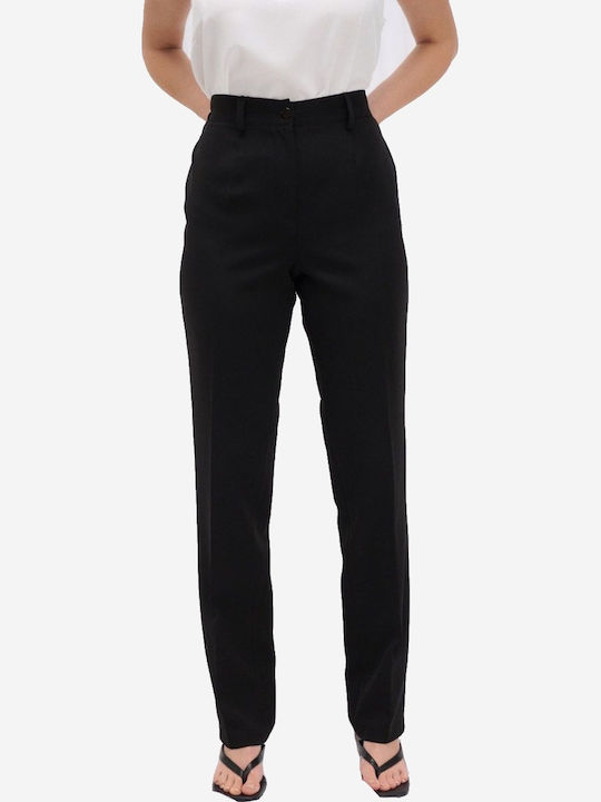 Women's High-waisted Fabric Trousers with Elastic Straight Line Black