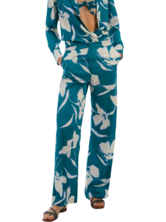 Women's Fabric Trousers Floral Blue