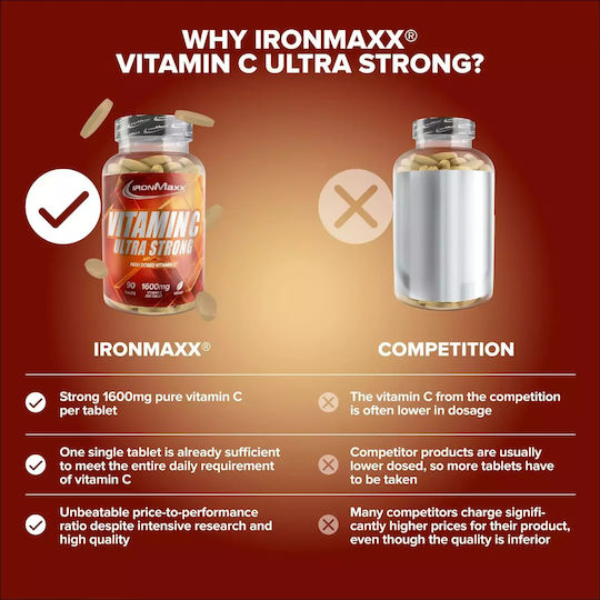 IronMaxx Vitamin C Ultra Strong Vitamin for Immune System Boost, the Skin & Antioxidant Action 1600mg 90 caps