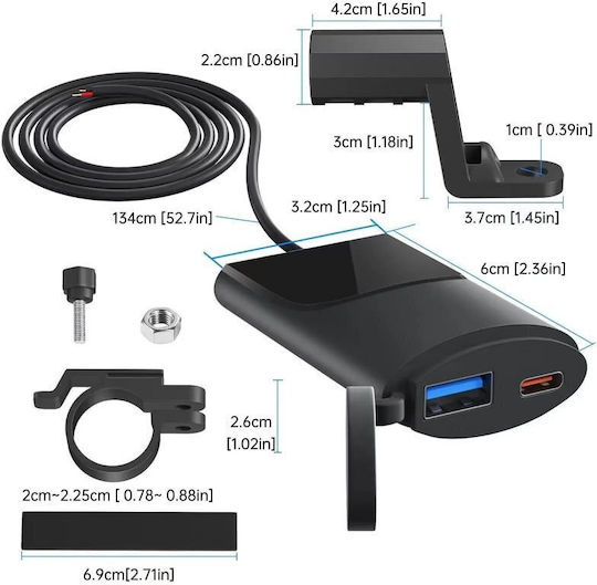 Motorcycle Charger Fast Charging with Ports: 1xUSB & 1xType-C